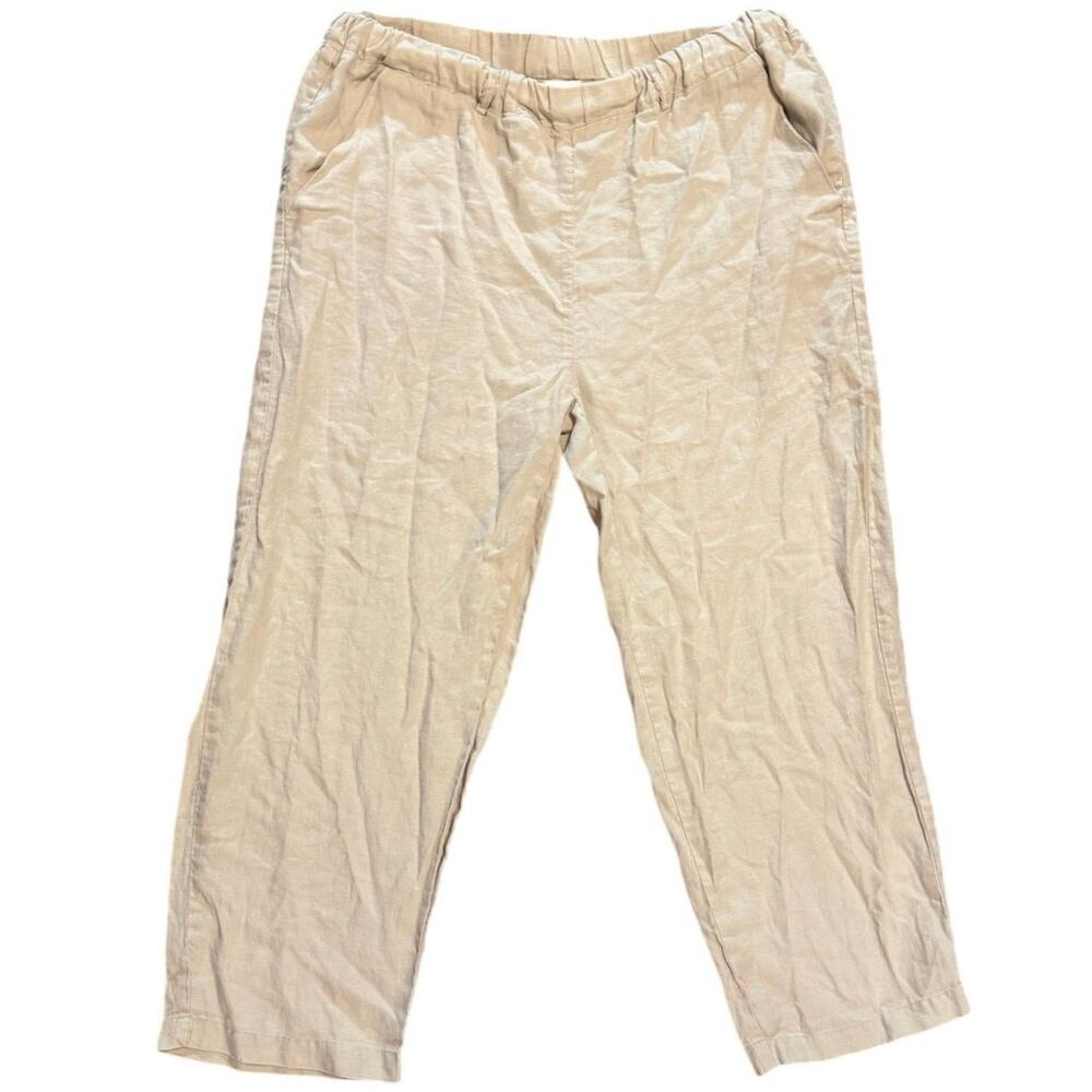 Quince 100% European Linen Wide Leg Pants Oatmeal Beige Elastic Waist Medium